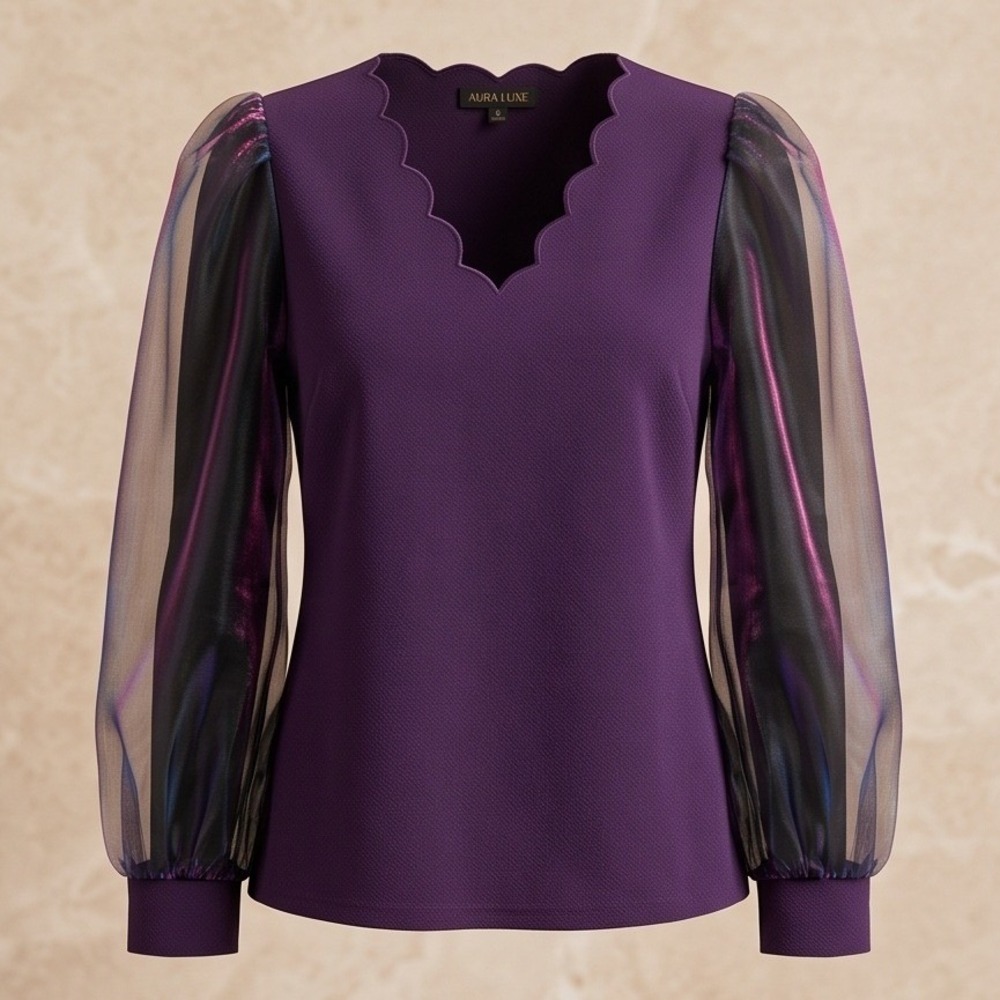Aura Luxe 3XL Purple Scallop Neck Sheer Shimmer Sleeve Blouse Fairycore Metallic